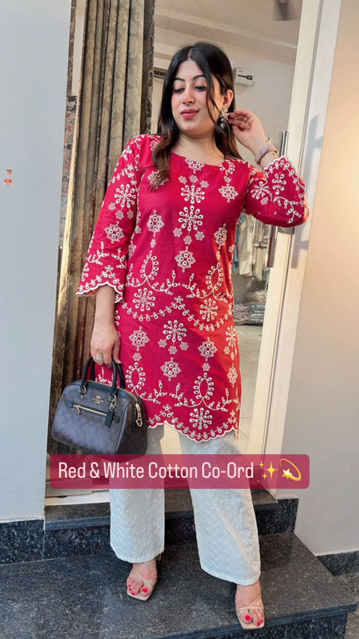 RED & WHITE THREAD EMBROIDERED CO-ORD