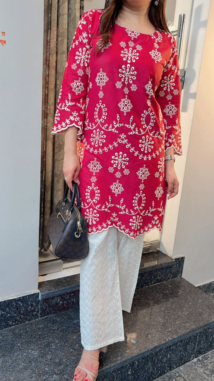 RED & WHITE THREAD EMBROIDERED CO-ORD