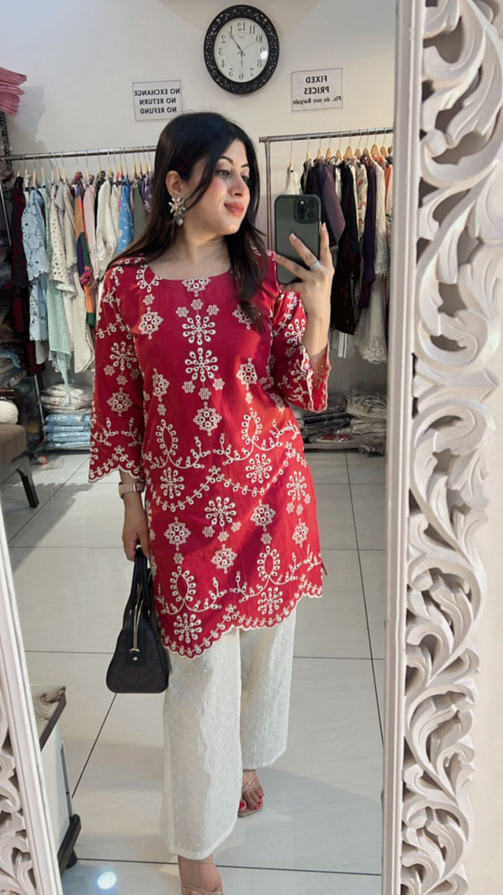 RED & WHITE THREAD EMBROIDERED CO-ORD