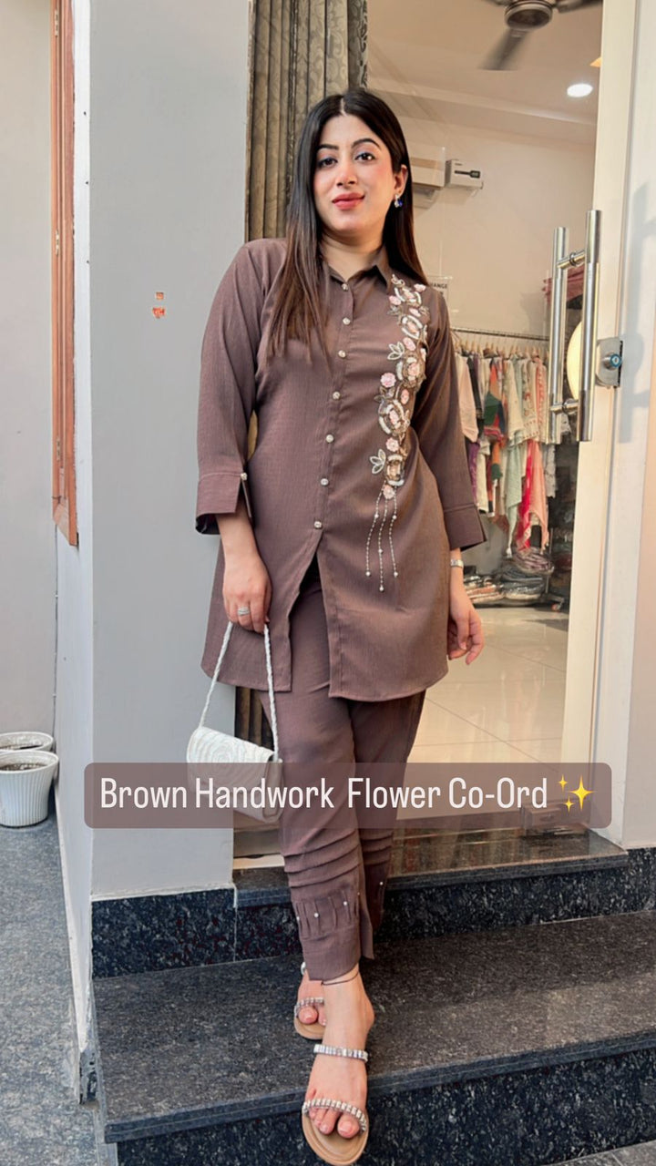 BROWN FLOWER HANDWORKED CO-ORD