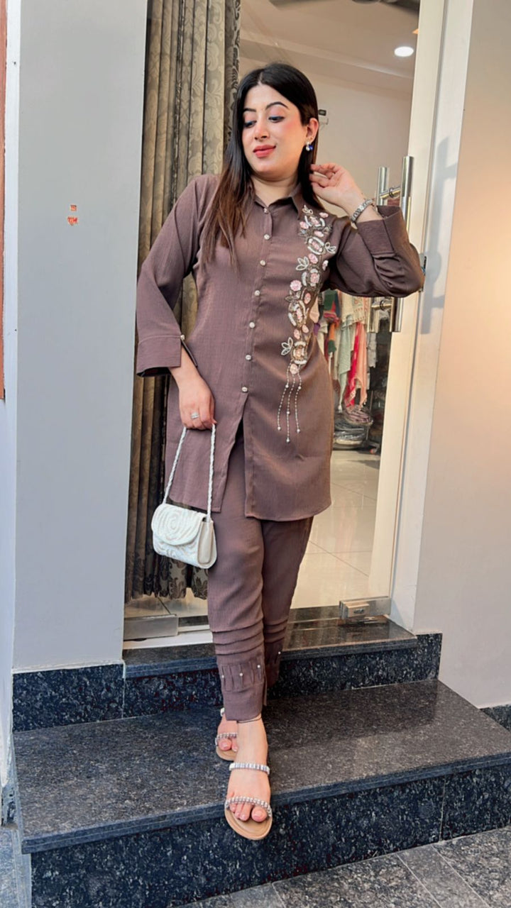 BROWN FLOWER HANDWORKED CO-ORD