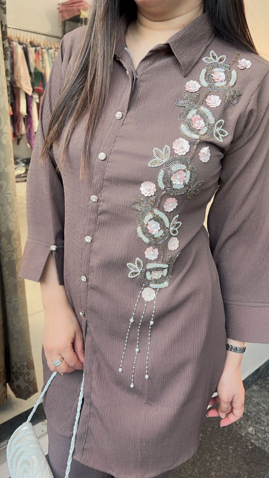 BROWN FLOWER HANDWORKED CO-ORD