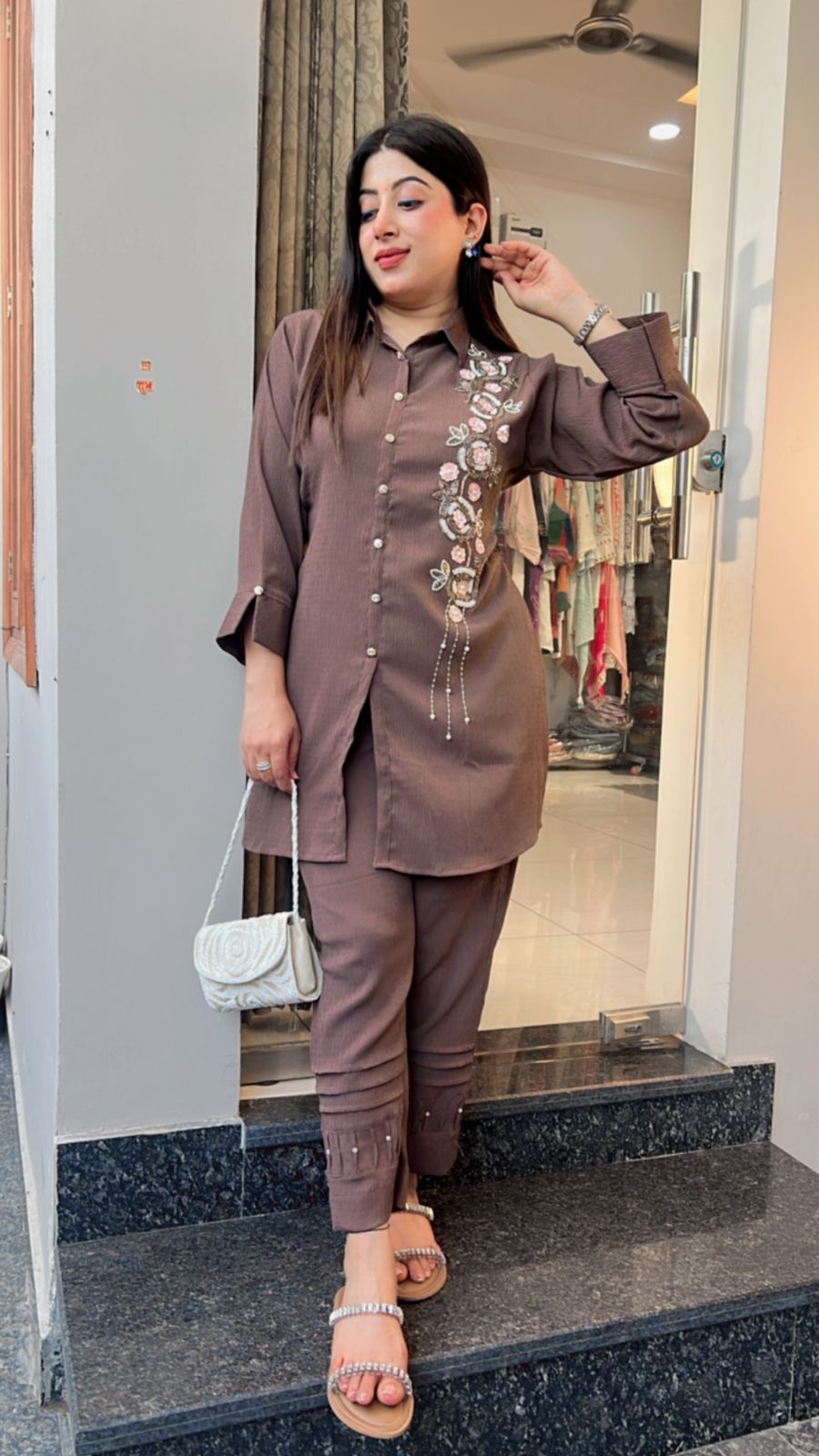 BROWN FLOWER HANDWORKED CO-ORD