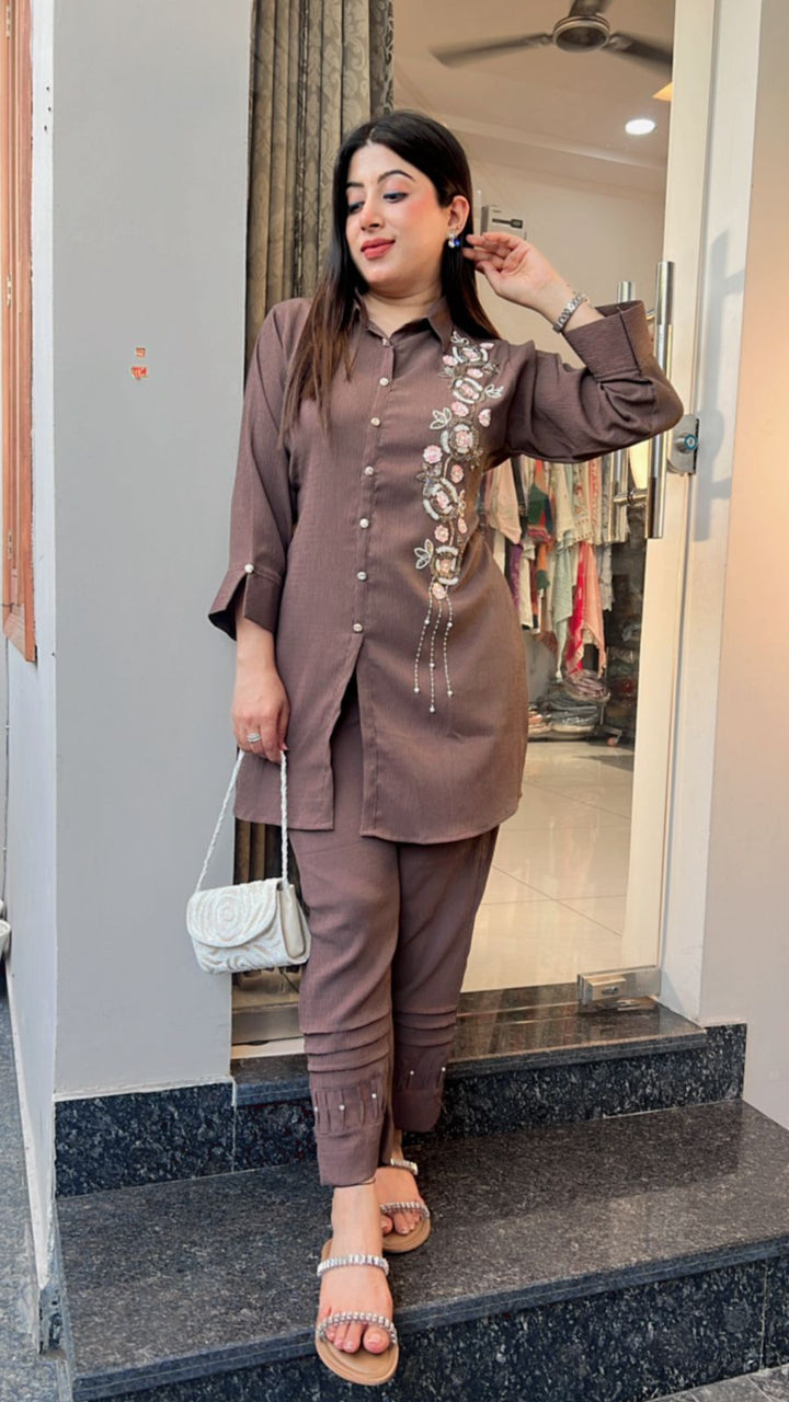 BROWN FLOWER HANDWORKED CO-ORD