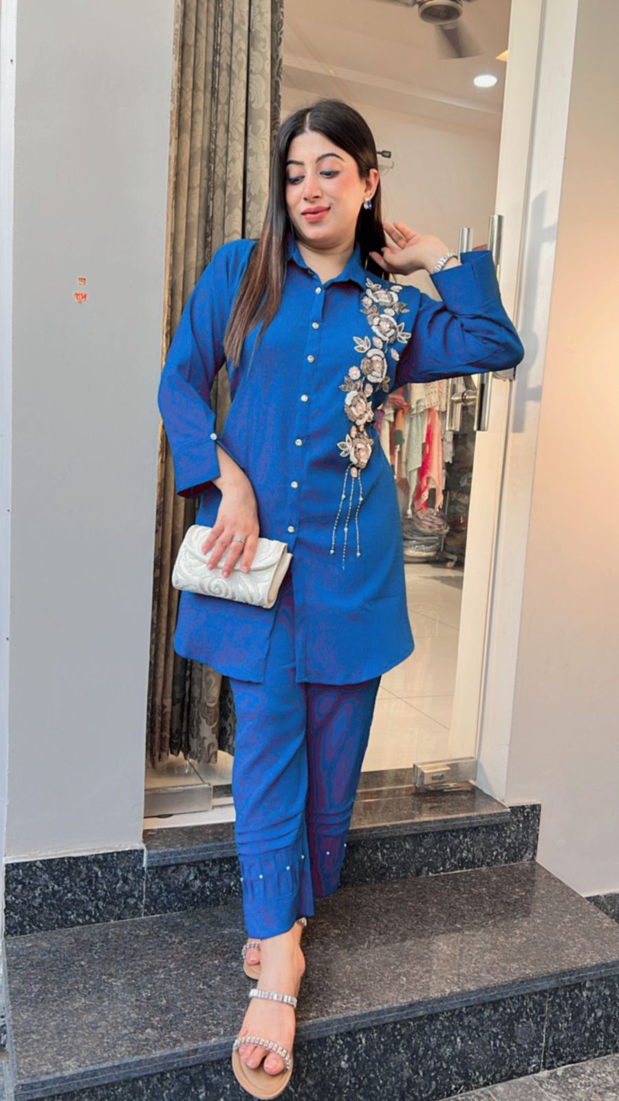 ROYAL BLUE FLOWER HANDWORKED CO-ORD