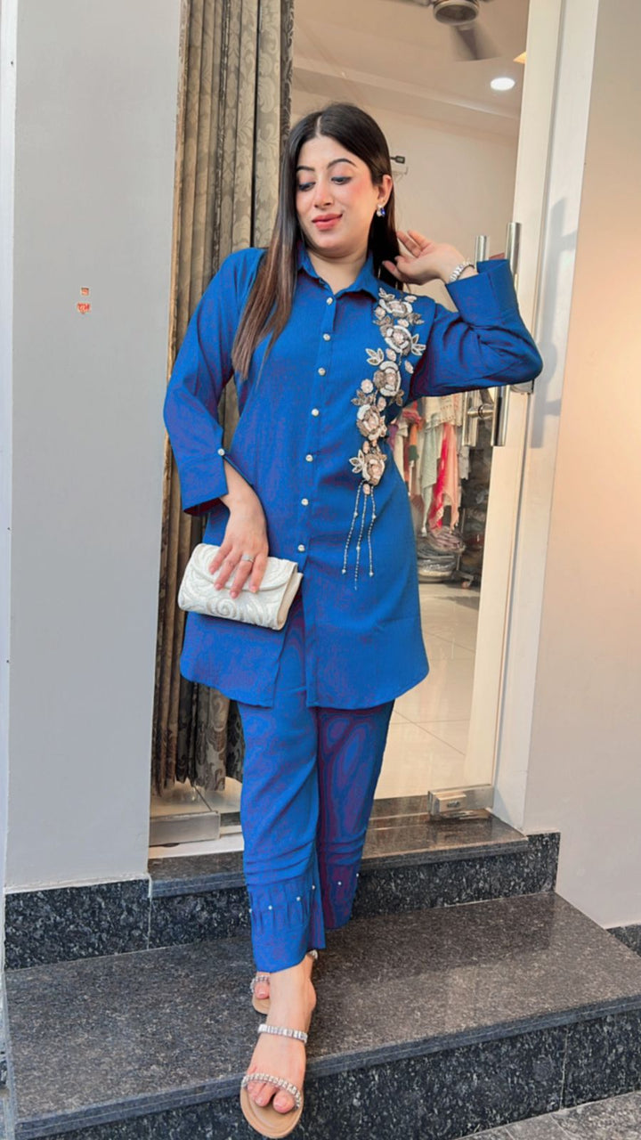 ROYAL BLUE FLOWER HANDWORKED CO-ORD