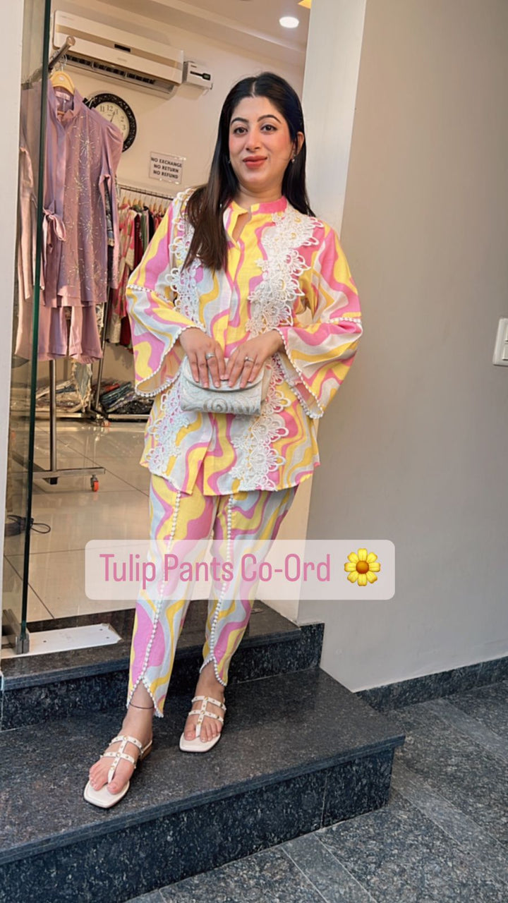 YELLOW MULTI COLORED TULIP PANTS CO-ORD