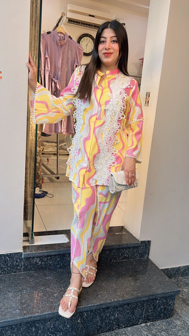YELLOW MULTI COLORED TULIP PANTS CO-ORD