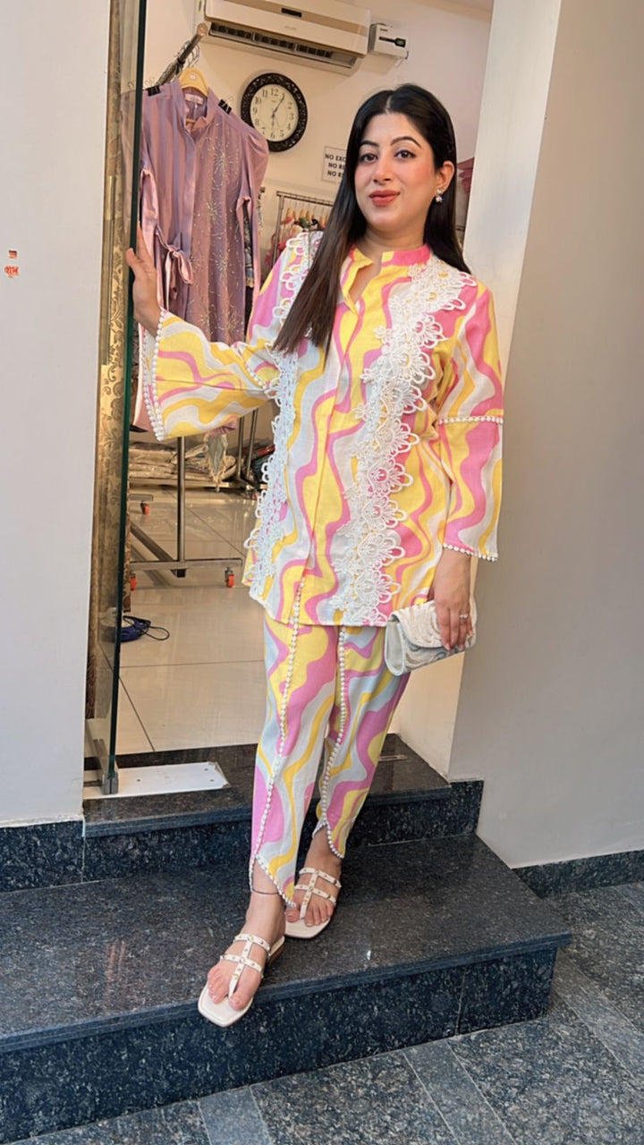 YELLOW MULTI COLORED TULIP PANTS CO-ORD