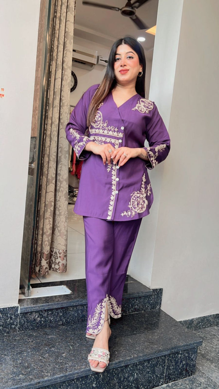 PURPLE  ANGRAKHA STYLE EMBROIDERY CO-ORD