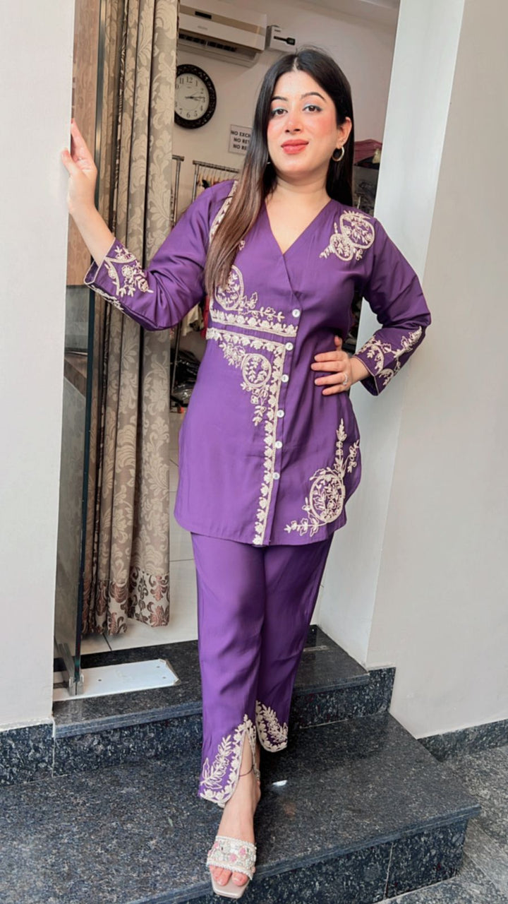 PURPLE  ANGRAKHA STYLE EMBROIDERY CO-ORD