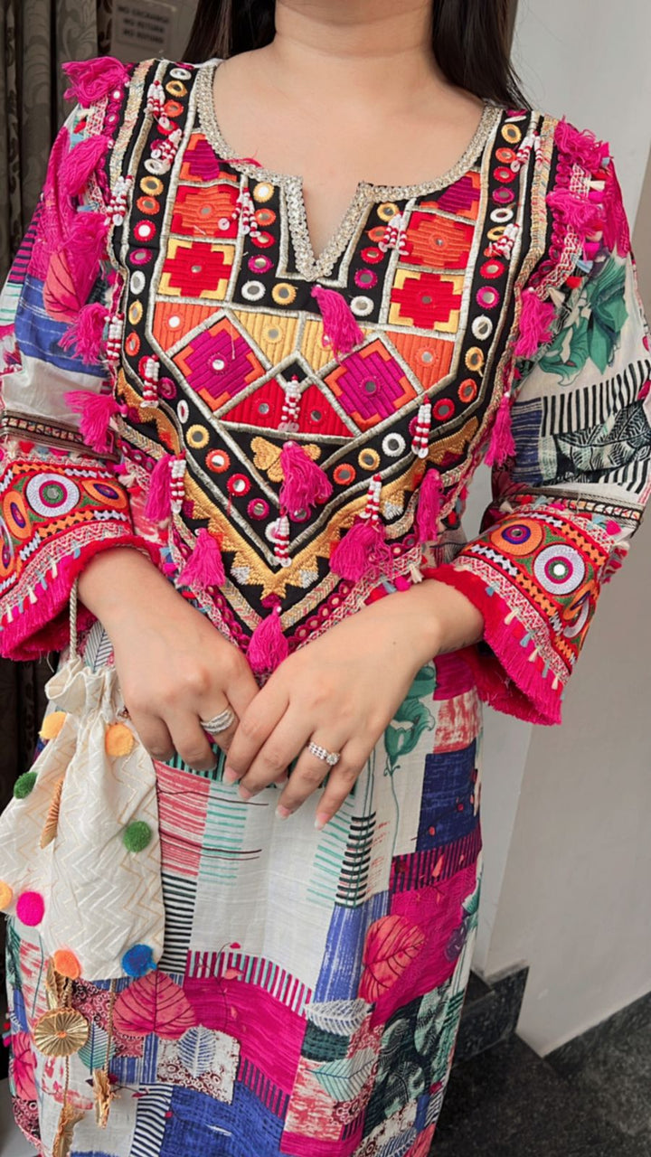 VIBRANT MULTICOLOR EMBROIDERD CO-ORD WITH POTLI BAG