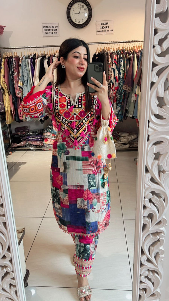 VIBRANT MULTICOLOR EMBROIDERD CO-ORD WITH POTLI BAG