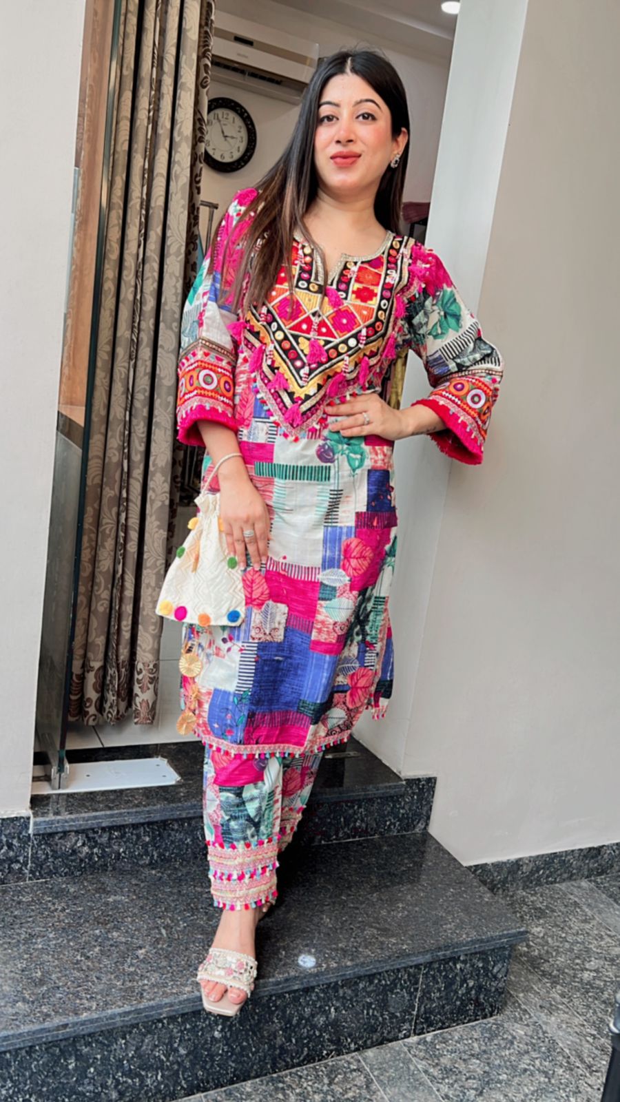 VIBRANT MULTICOLOR EMBROIDERD CO-ORD WITH POTLI BAG