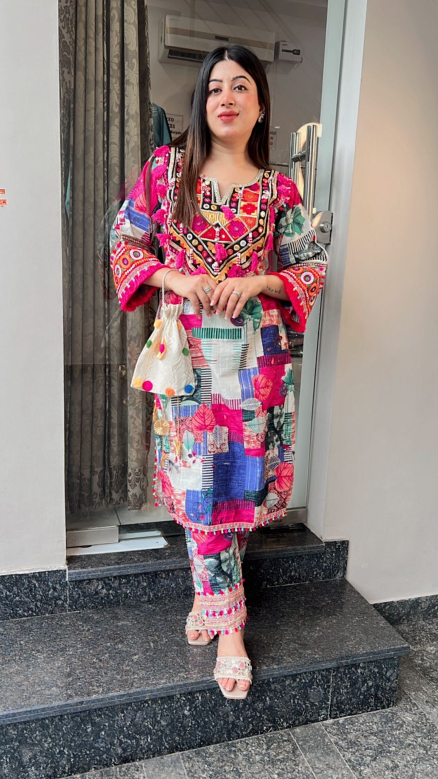 VIBRANT MULTICOLOR EMBROIDERD CO-ORD WITH POTLI BAG