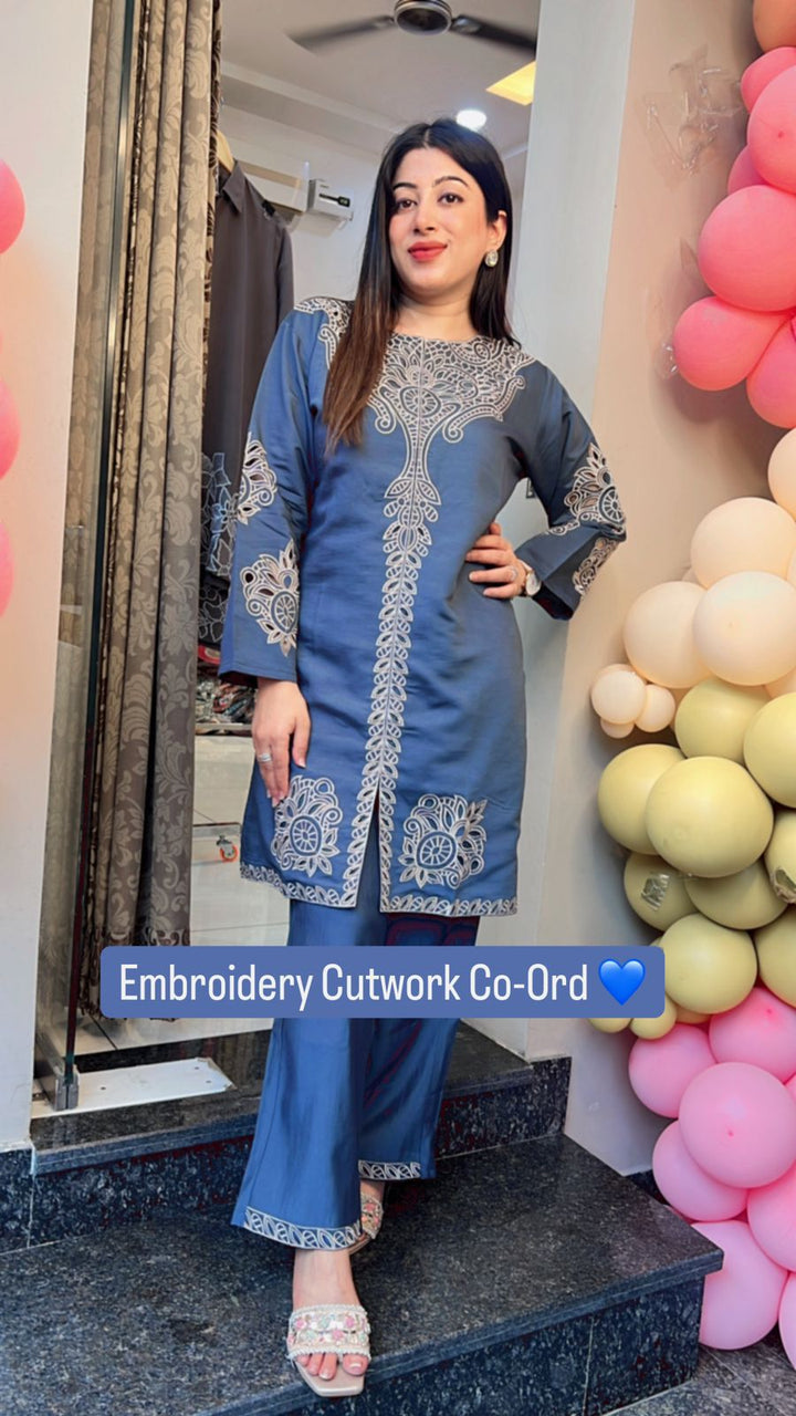 BLUE  LASER CUT EMBROIDERED CO-ORD