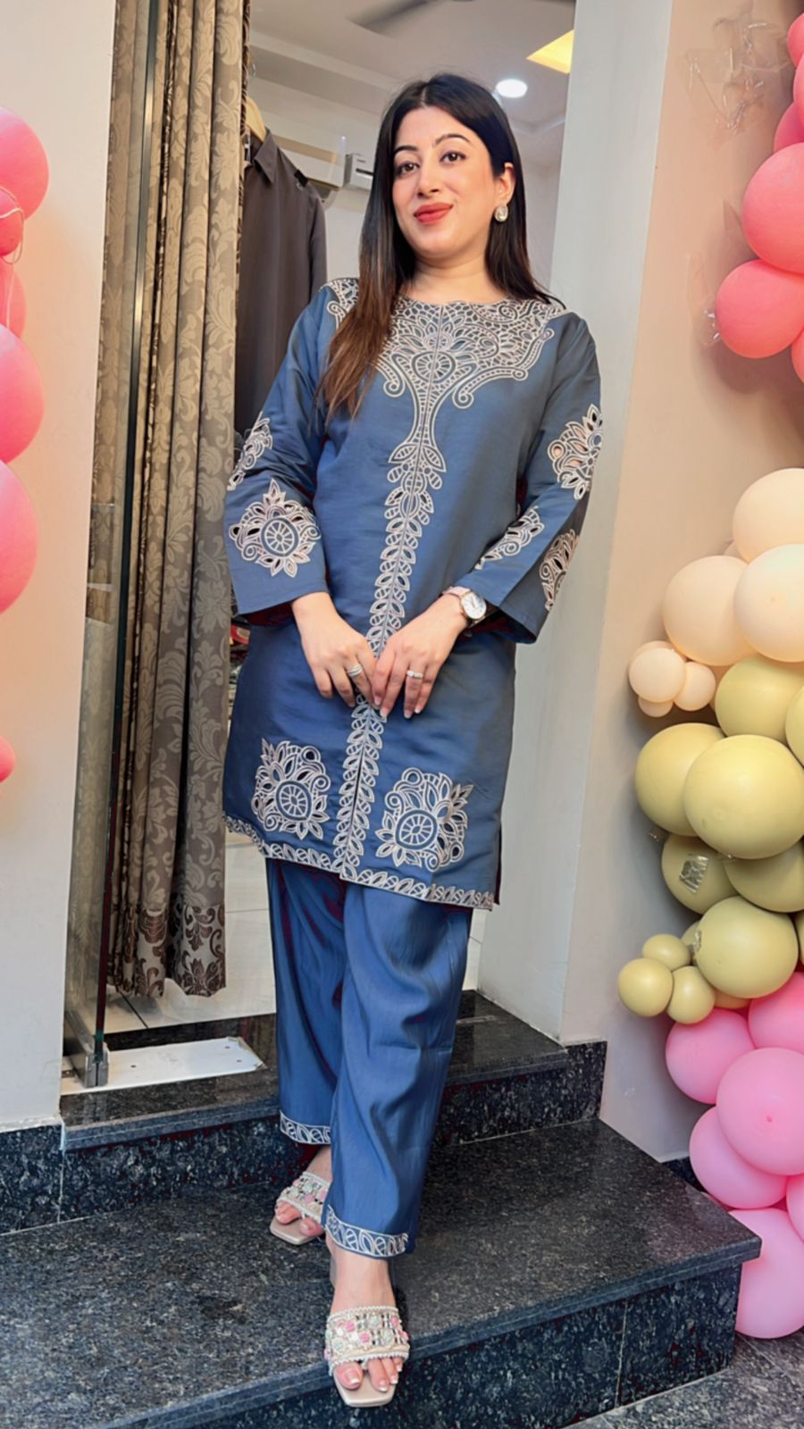 BLUE  LASER CUT EMBROIDERED CO-ORD