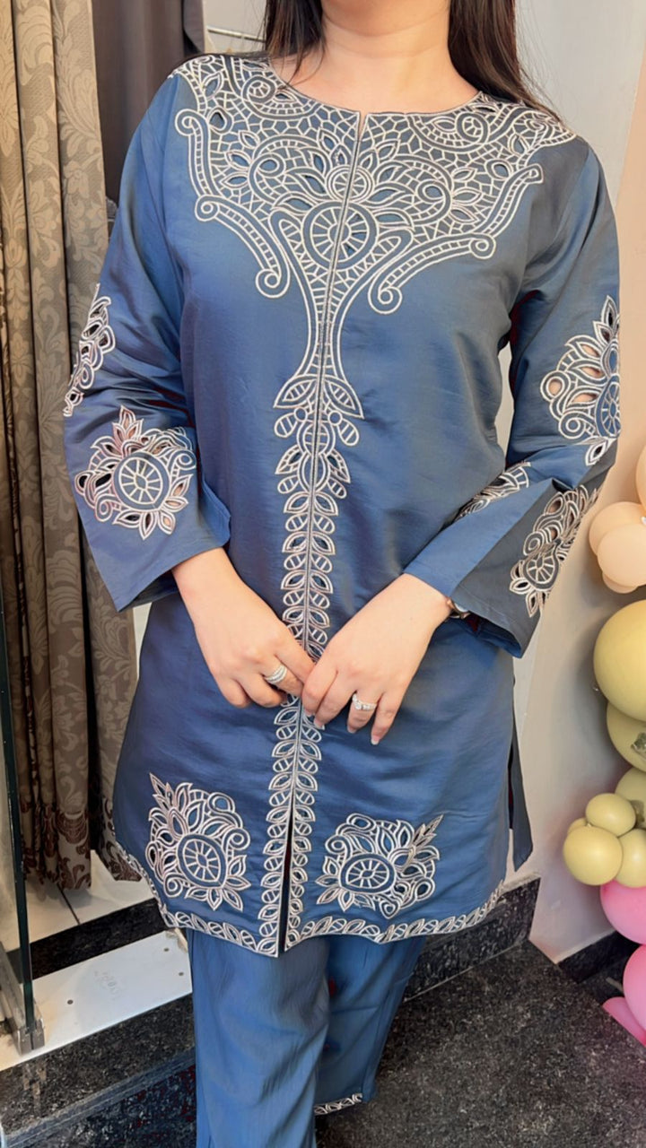 BLUE  LASER CUT EMBROIDERED CO-ORD