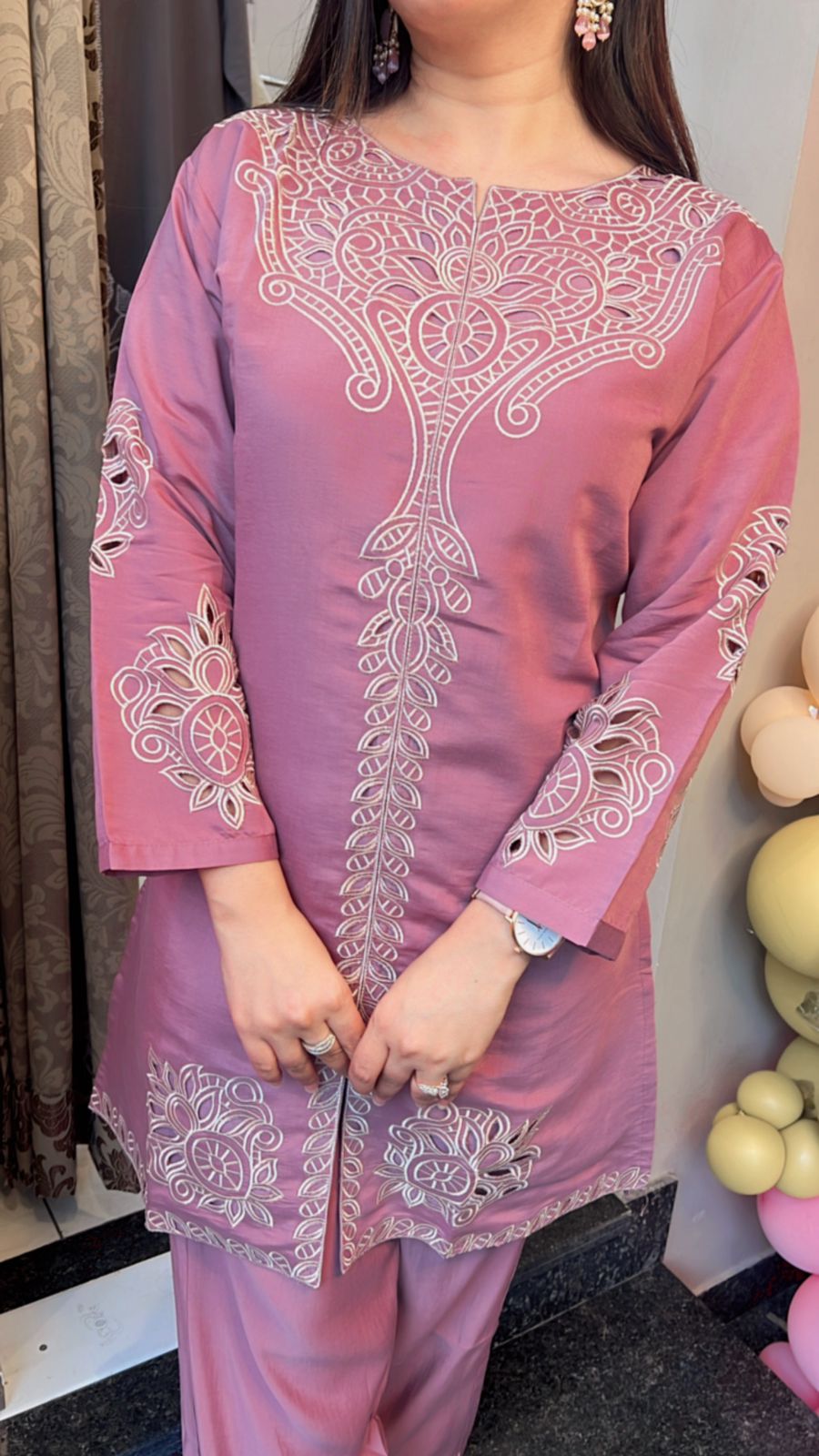 PINK LASER CUT EMBROIDERED CO-ORD