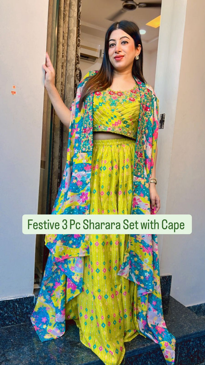 FESTIVE 3 PC SHARARA SET WITH CAPE