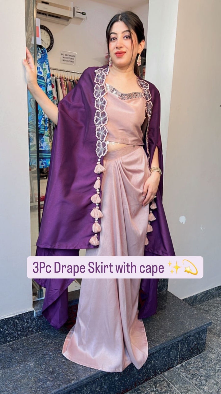 3PC DRAPE SKIRT WITH CAPE