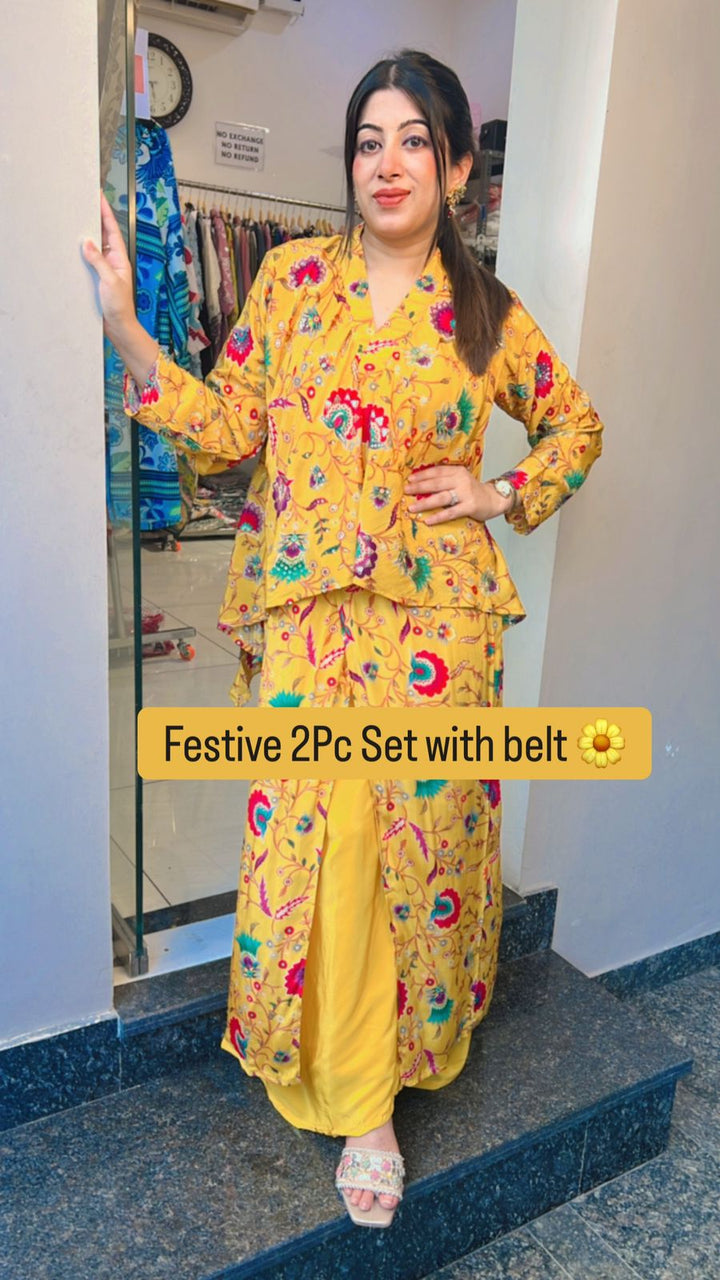 YELLOW MUSTARD 2 PC FESTIVE SET WITH BELT