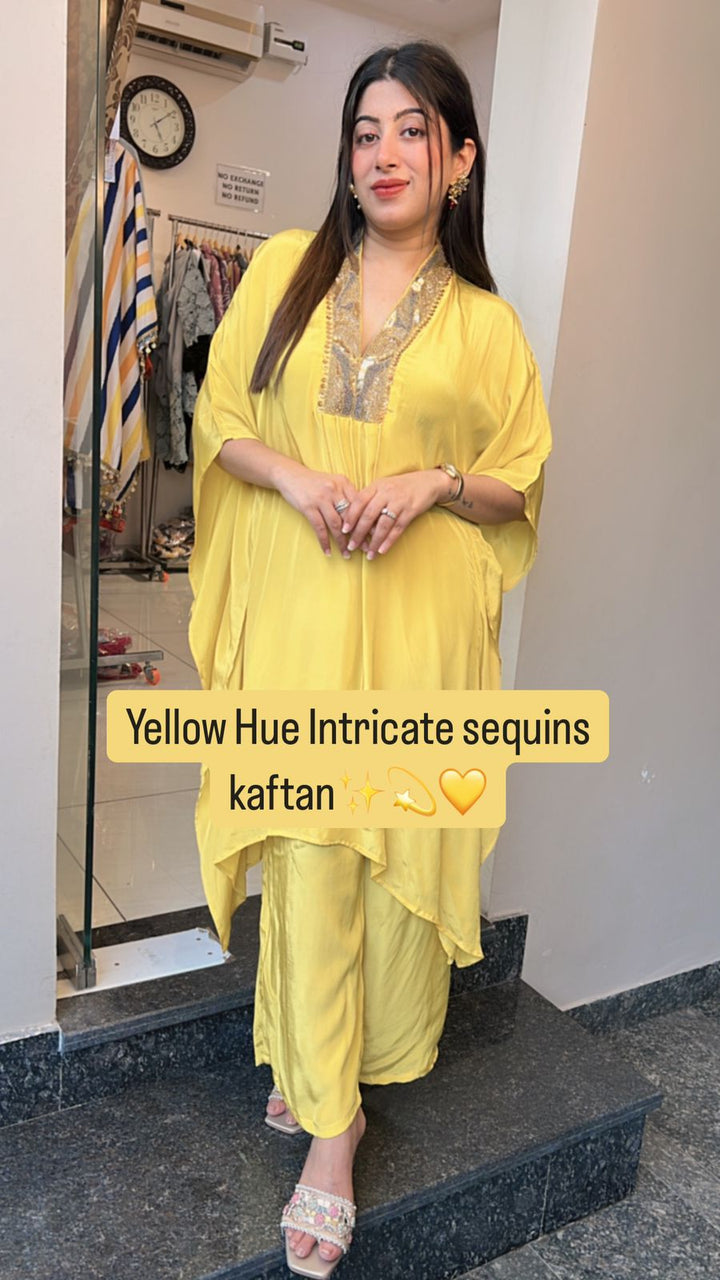 Crepe Indo-Western kaftan set in a vibrant yellow hue.