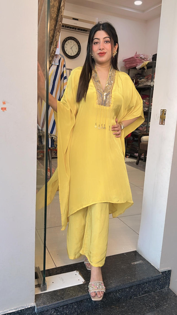Crepe Indo-Western kaftan set in a vibrant yellow hue.