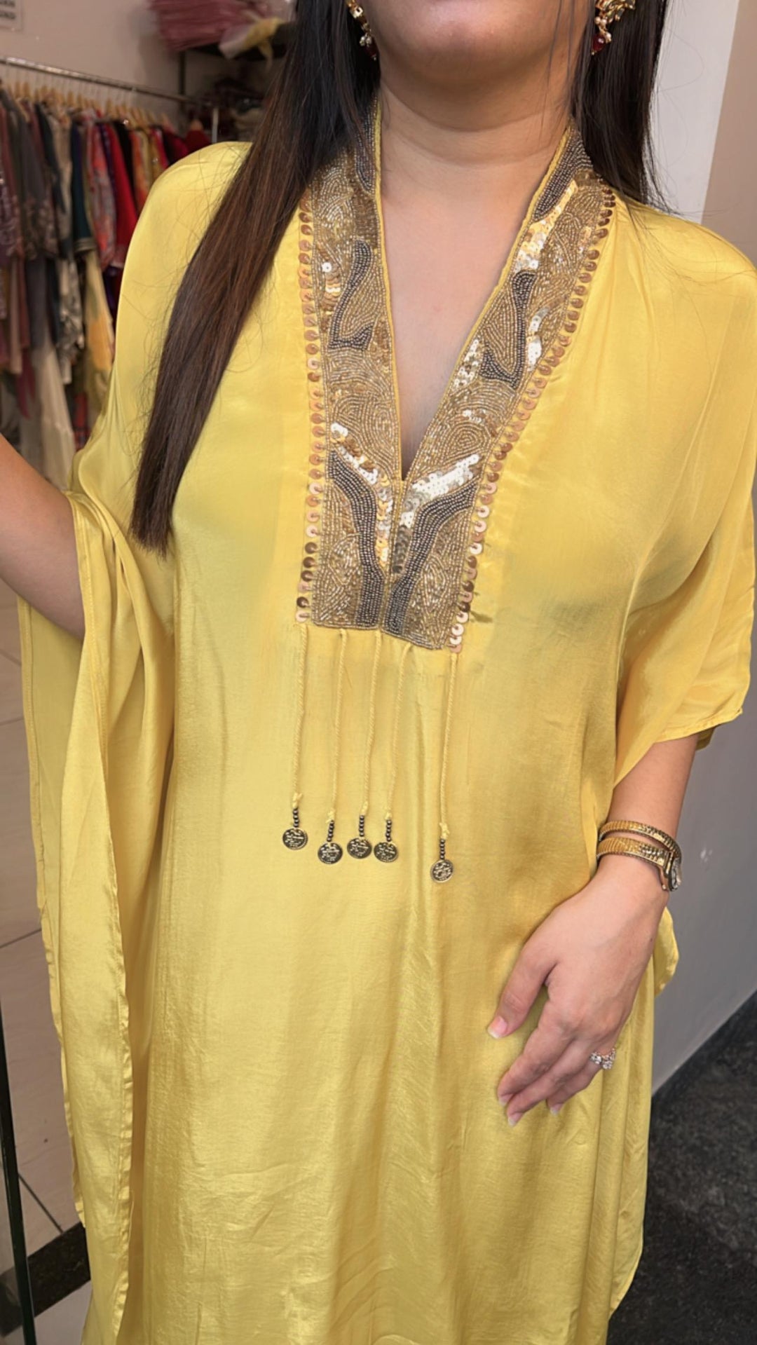 Crepe Indo-Western kaftan set in a vibrant yellow hue.