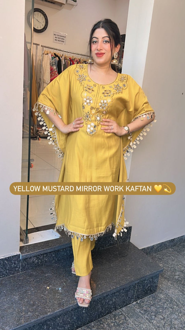 YELLOW MUSTARD MIRROR WORK KAFTAN