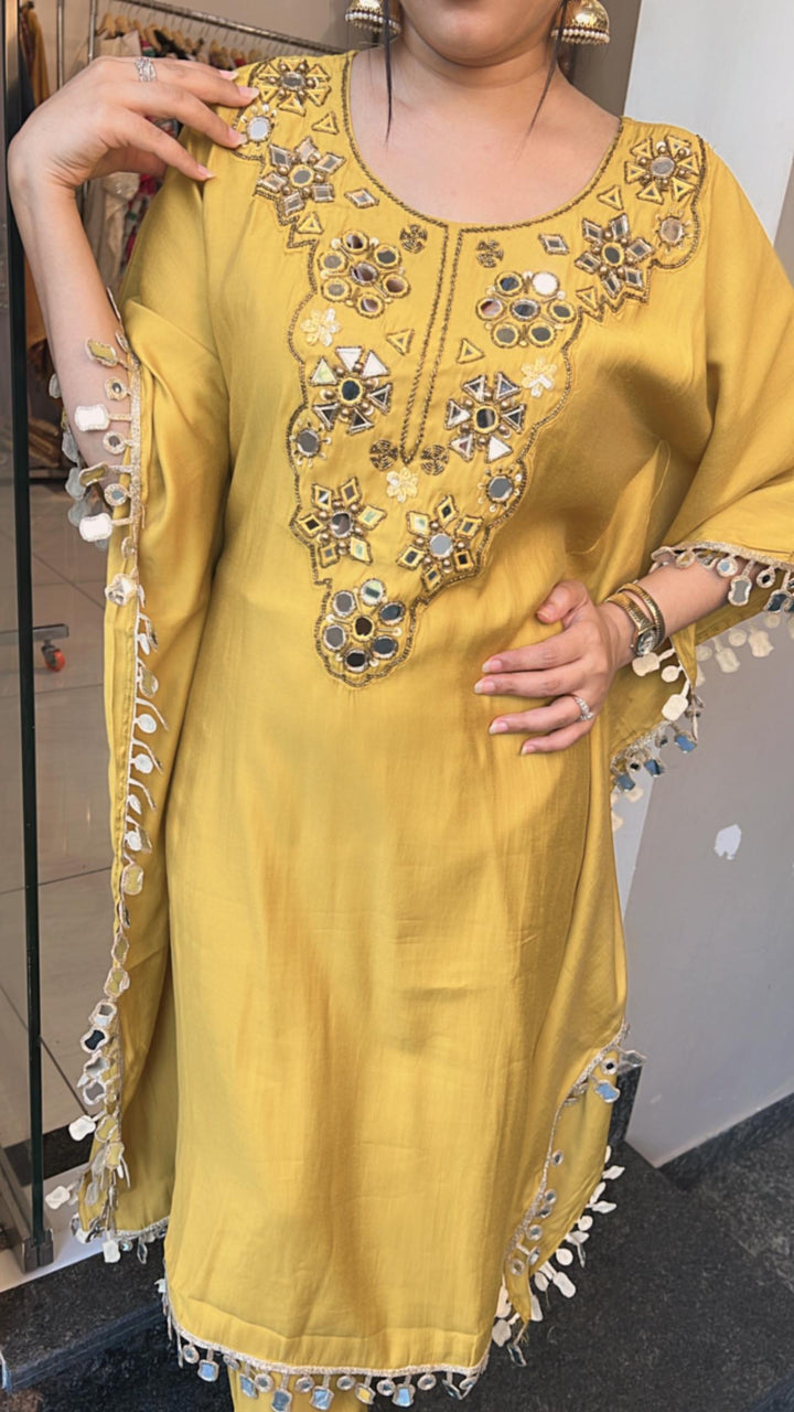 YELLOW MUSTARD MIRROR WORK KAFTAN
