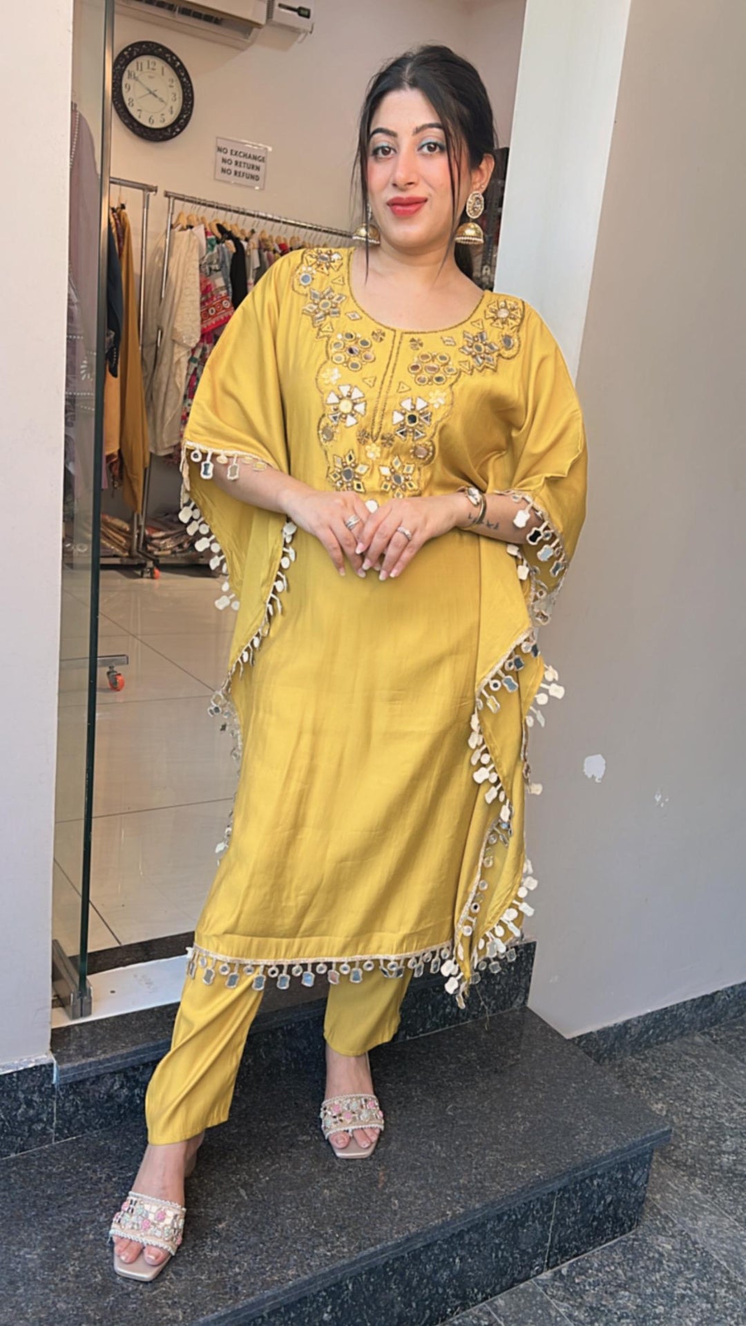 YELLOW MUSTARD MIRROR WORK KAFTAN