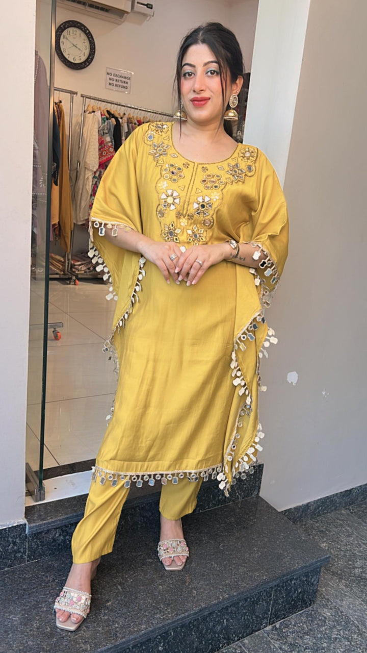 YELLOW MUSTARD MIRROR WORK KAFTAN