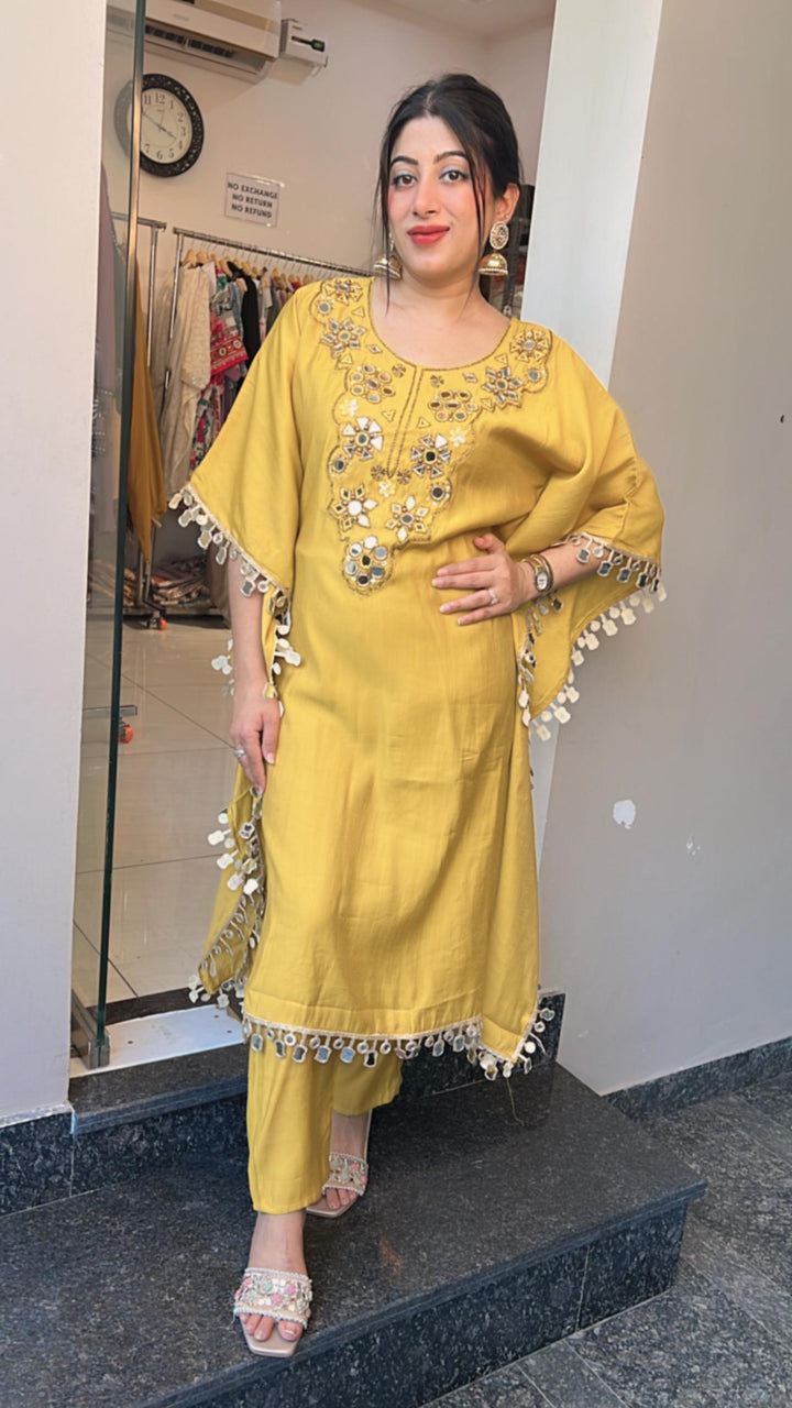 YELLOW MUSTARD MIRROR WORK KAFTAN