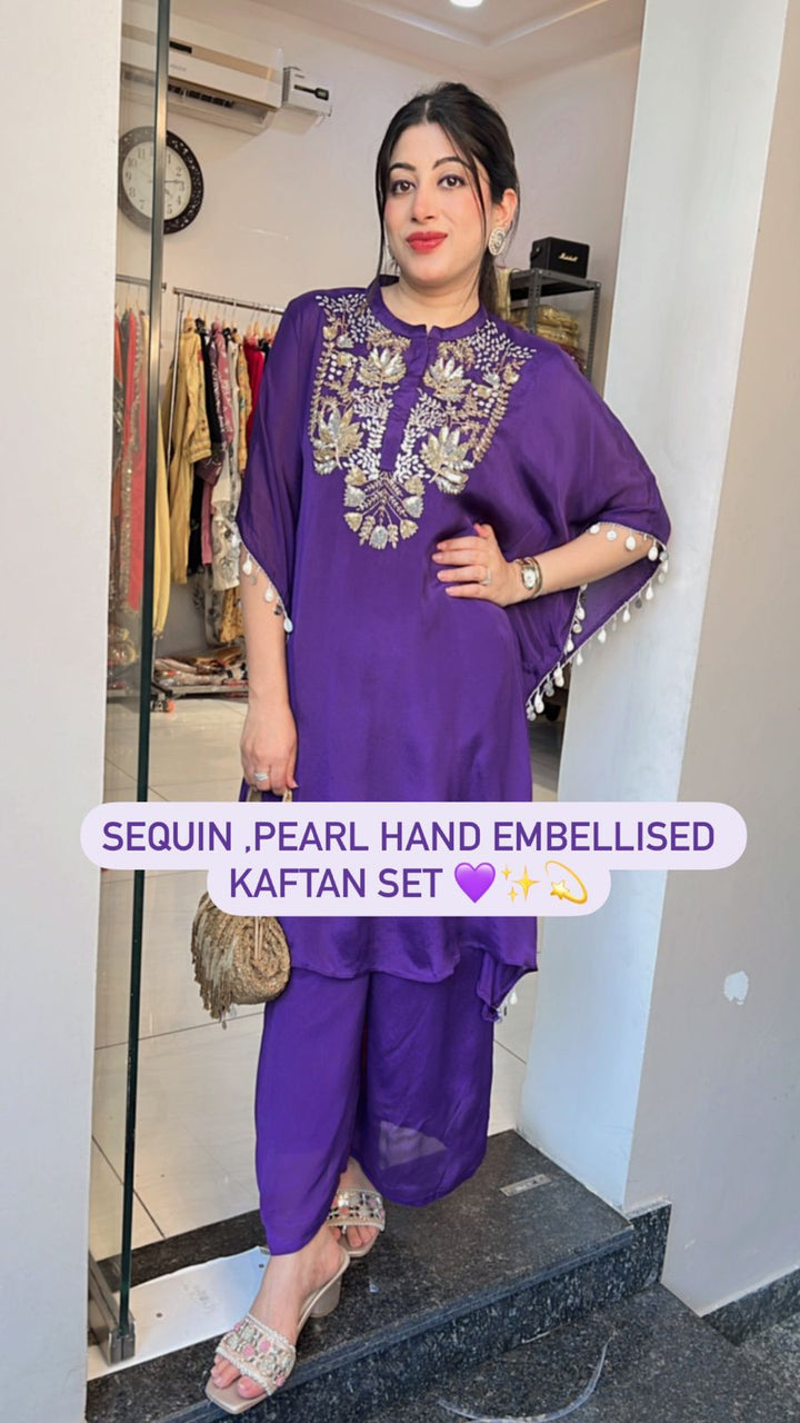 SEQUIN,PEARL HAND EMBELLISHED KAFTAN SET