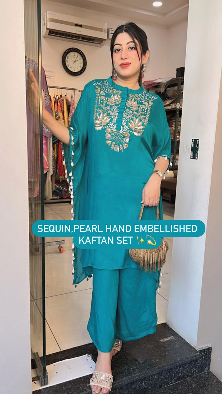 SEQUIN,PEARL HAND EMBELLISHED KAFTAN SET