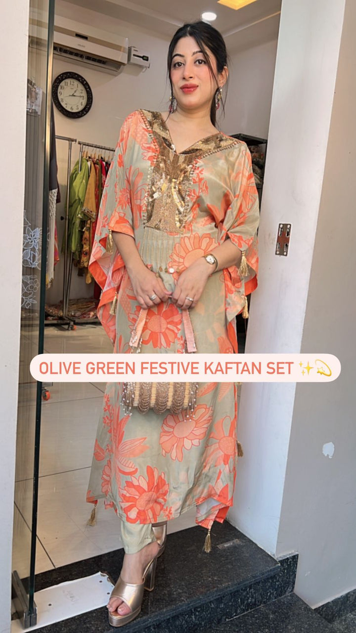 OLIVE GREEN FESTIVE KAFTAN SET