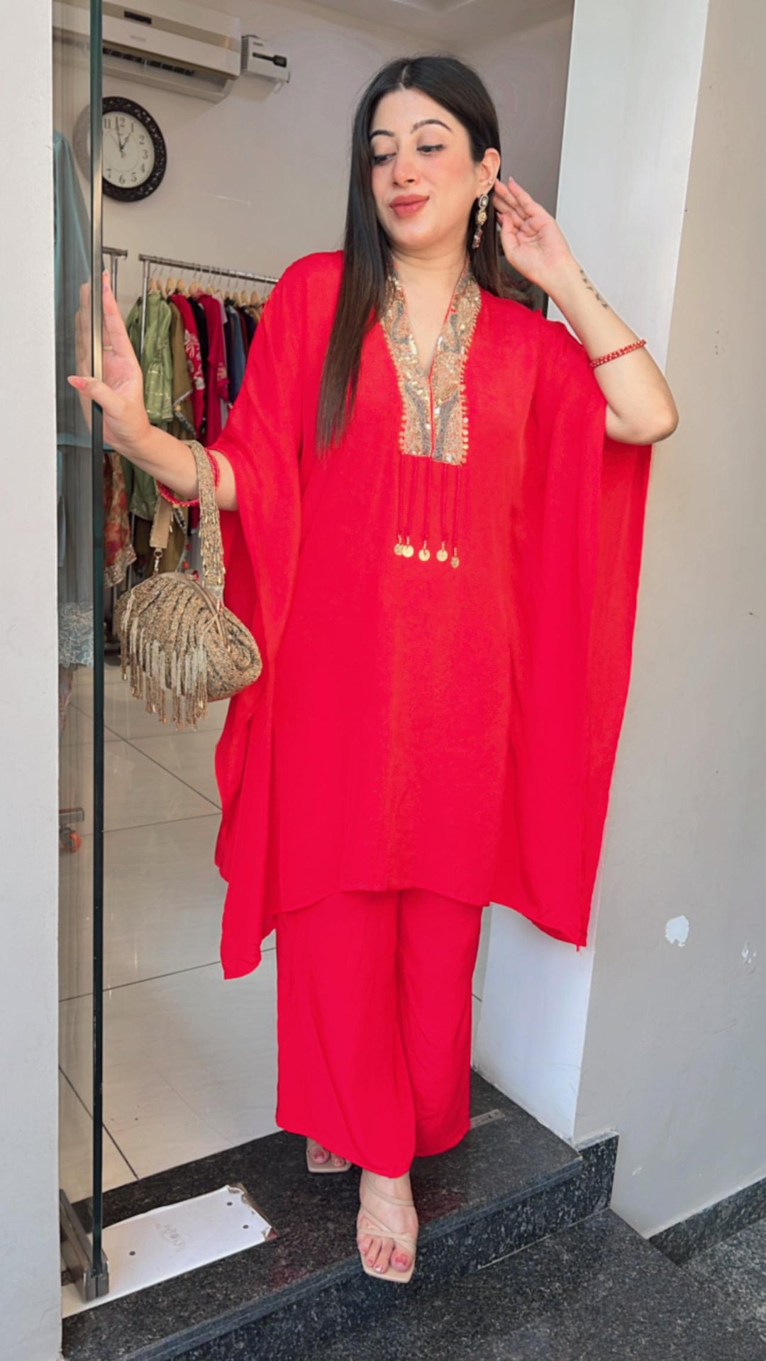 FESTIVE RED HANDWORK KAFTAN SET
