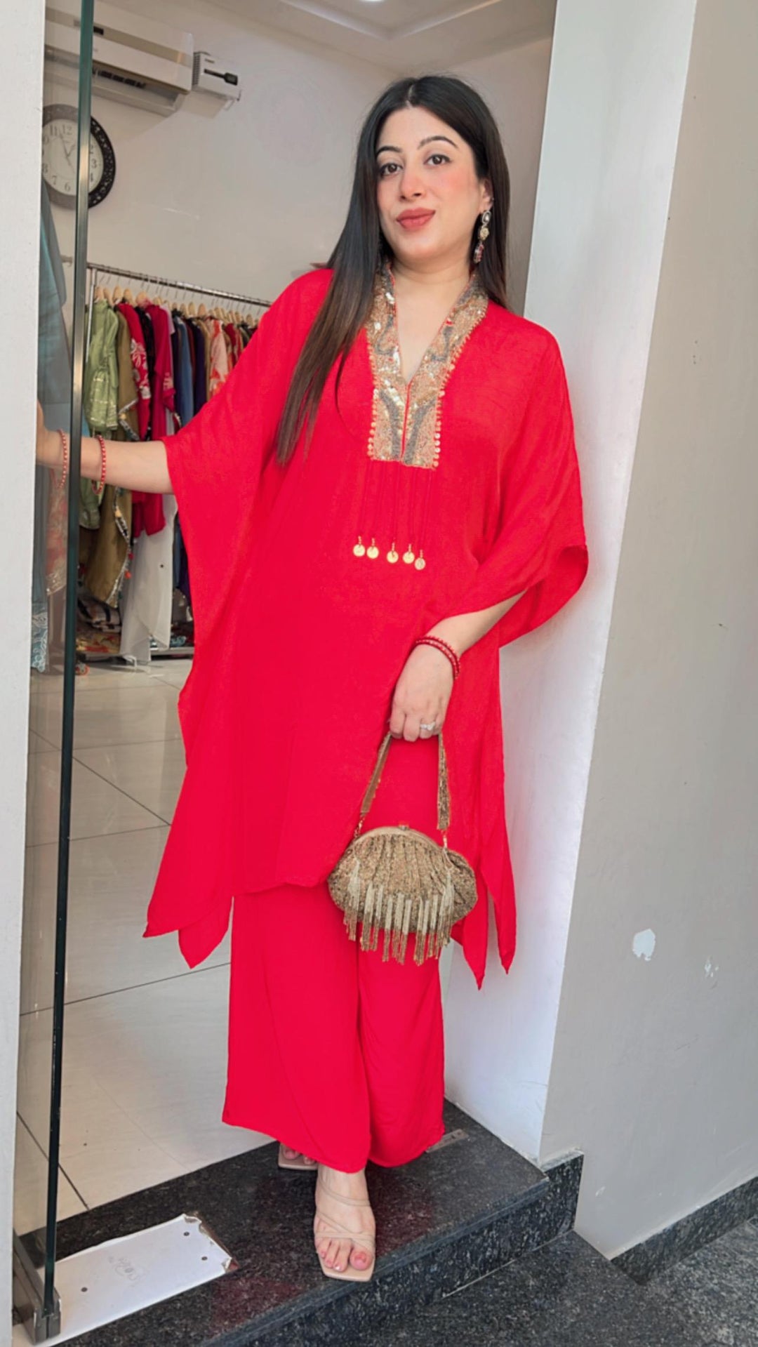 FESTIVE RED HANDWORK KAFTAN SET