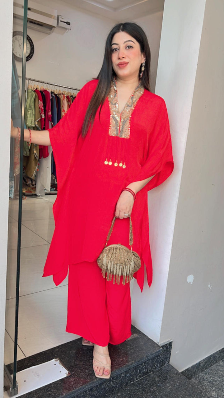 FESTIVE RED HANDWORK KAFTAN SET