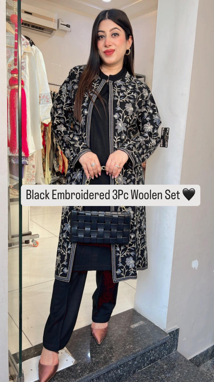 BLACK EMBROIDERED WINTER 3PC WOOLEN SET