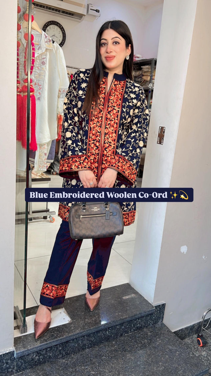 BLUE EMBROIDERED WOOLEN CO-ORD SET