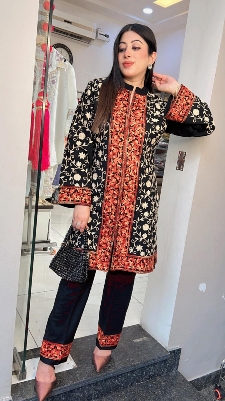 BLACK EMBROIDERED WOOLEN CO-ORD SET