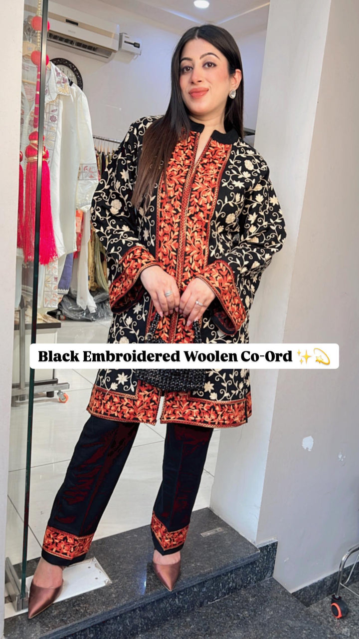 BLACK EMBROIDERED WOOLEN CO-ORD SET