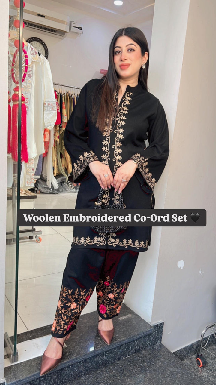 BLACK WOOLEN EMBROIDERED CO-ORD SET