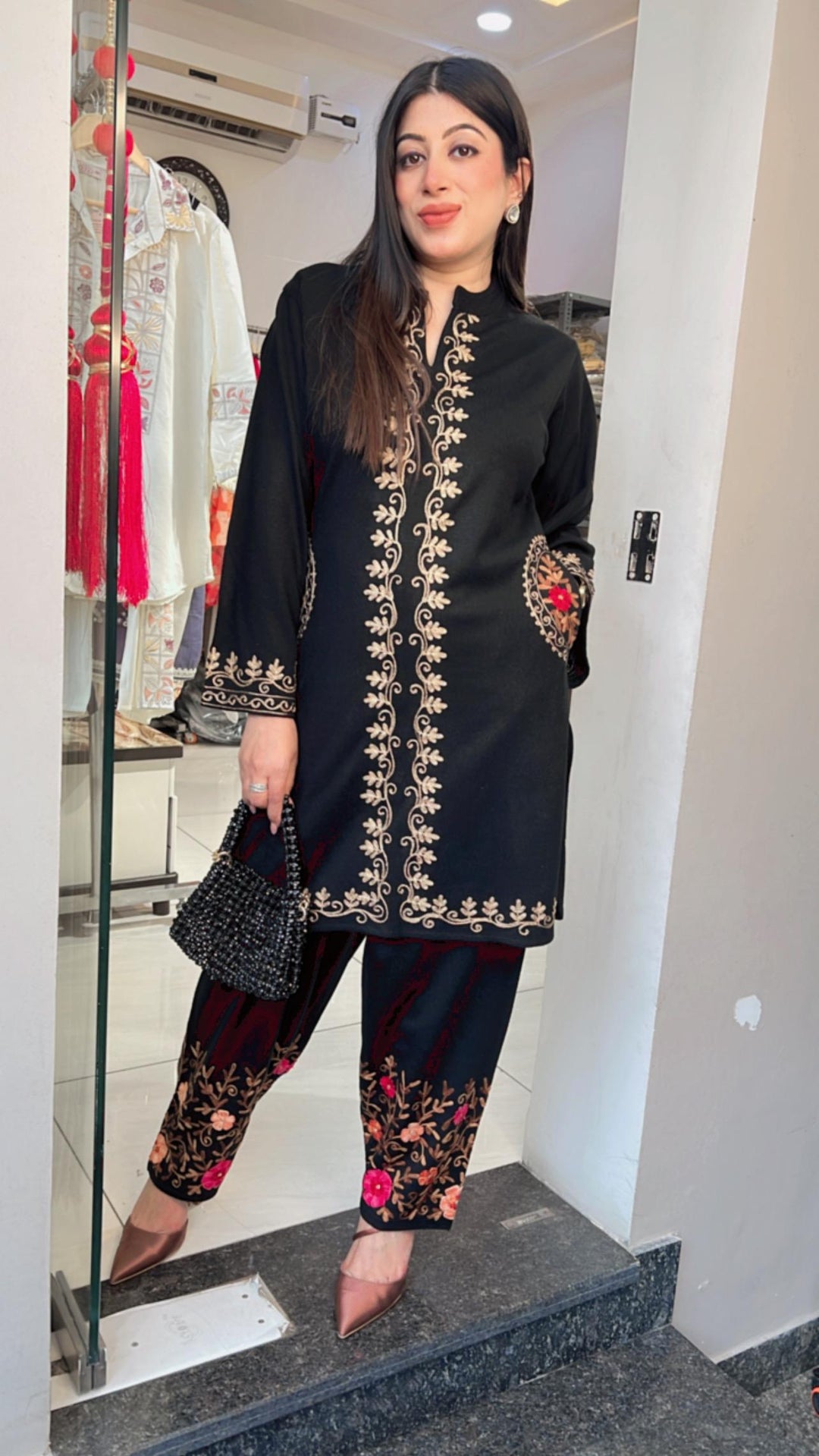 BLACK WOOLEN EMBROIDERED CO-ORD SET