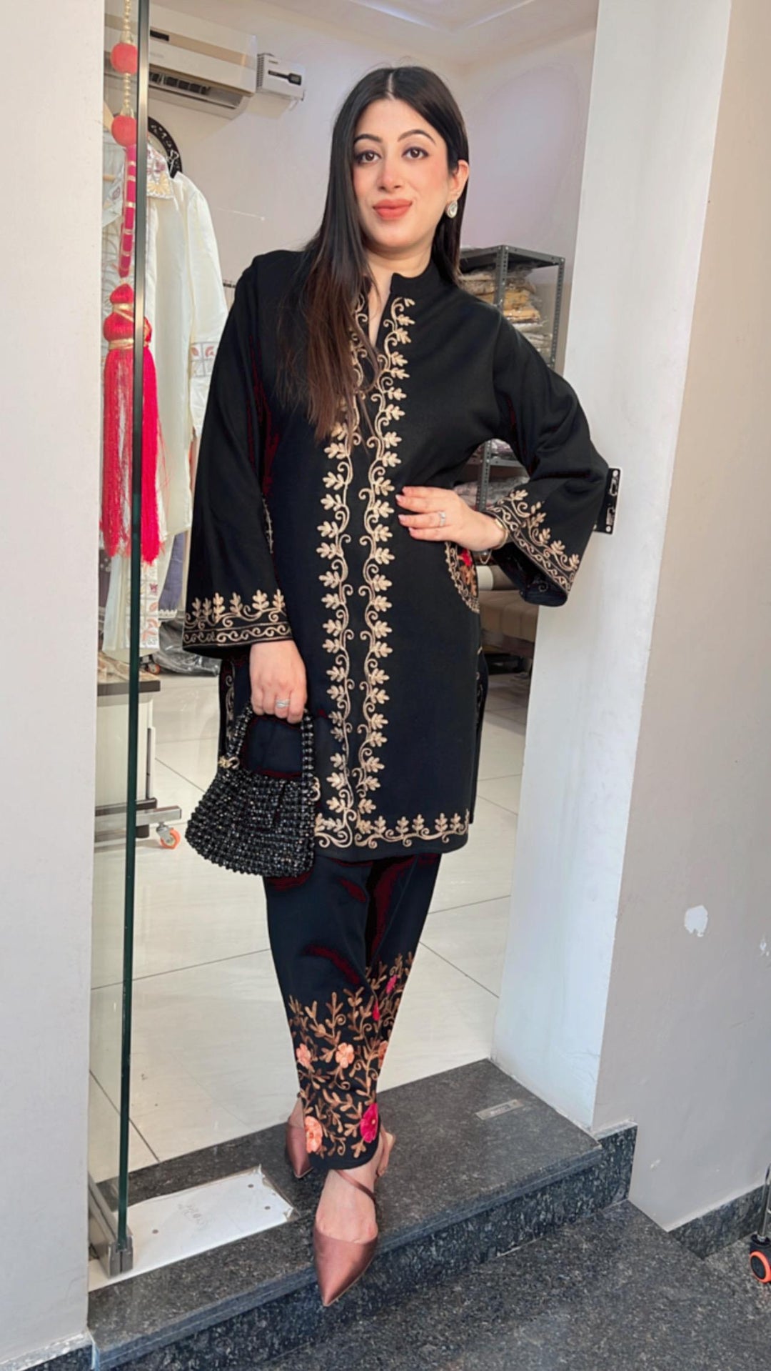 BLACK WOOLEN EMBROIDERED CO-ORD SET