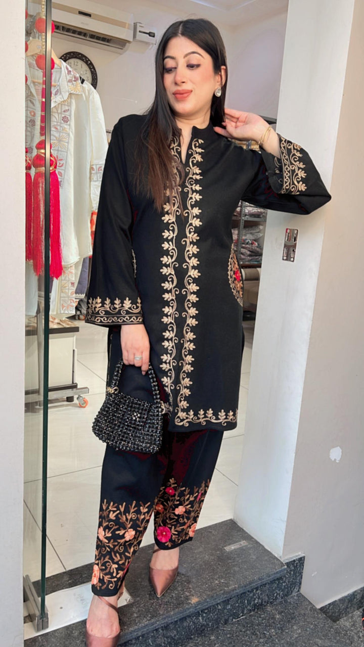 BLACK WOOLEN EMBROIDERED CO-ORD SET