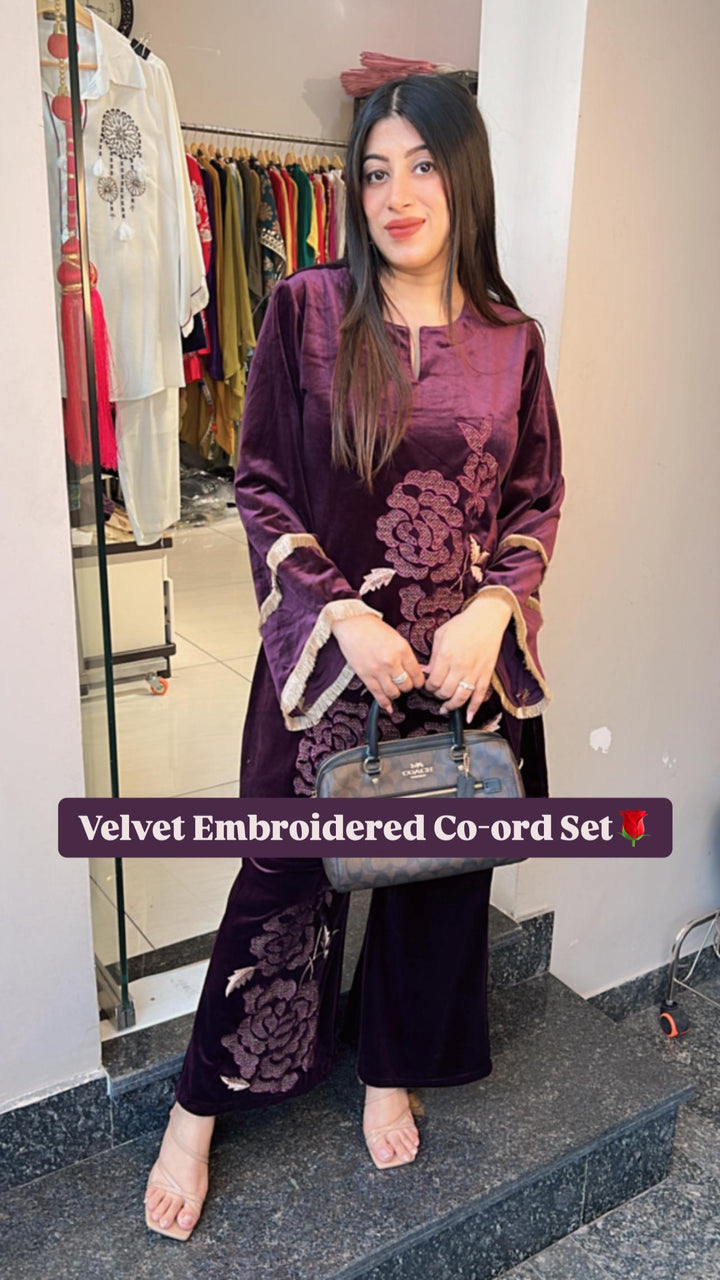 WINE FLOWER EMBROIDERD VELVET CO-ORD