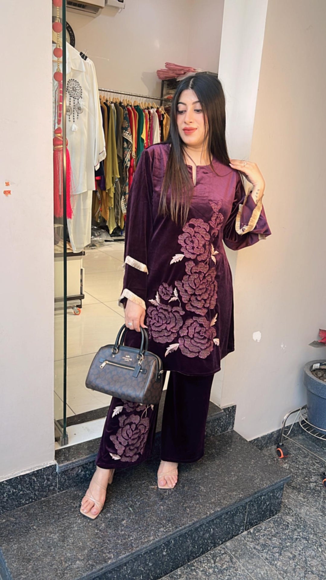 WINE FLOWER EMBROIDERD VELVET CO-ORD